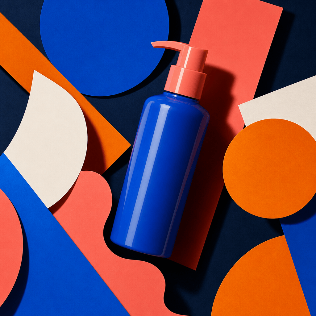 A colorful haircare bottle in an energetic square paper cutout composition, cobalt, coral, orange, and off-white geometr