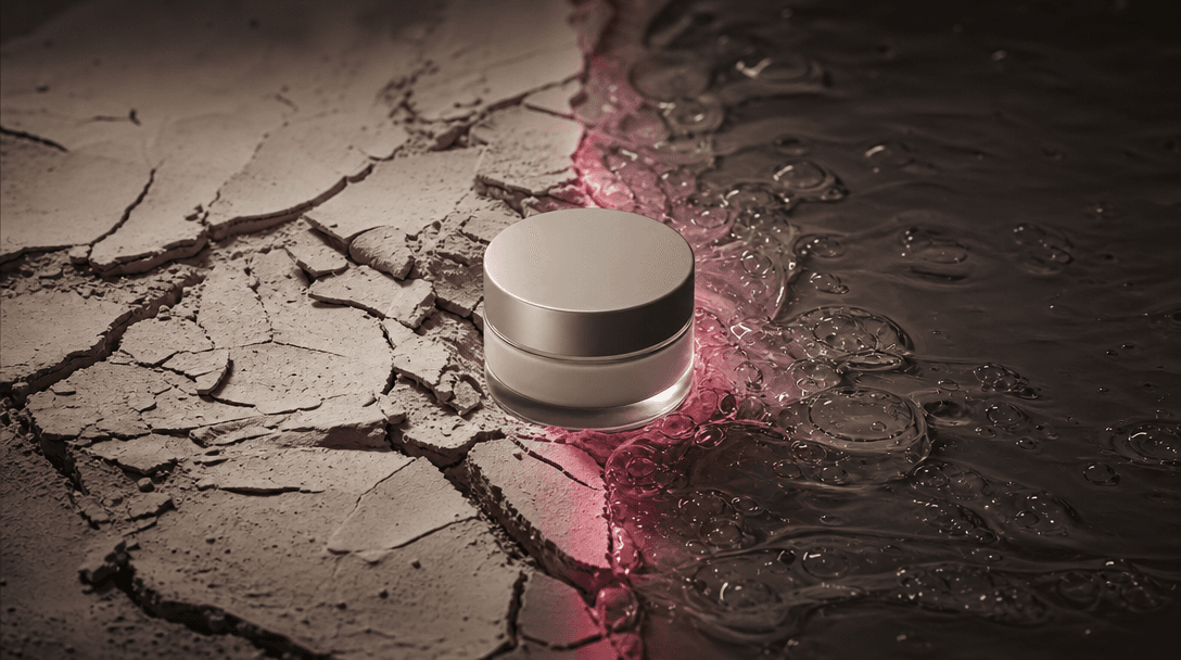 Two contrasting material landscapes meeting around an unbranded cosmetic jar: brittle dry clay on the left and supple hy