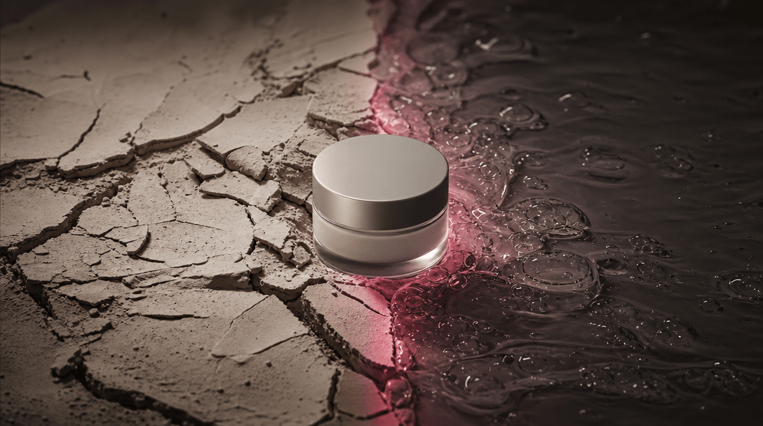 Two contrasting material landscapes meeting around an unbranded cosmetic jar: brittle dry clay on the left and supple hy