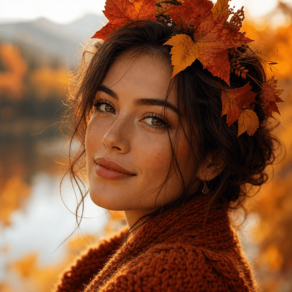 A close-up portrait of a model with autumn leaves in her hair, set against a blurred background of a fall landscape. The