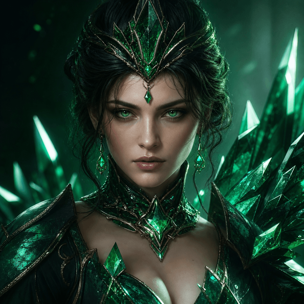 Game character portrait with green crystal theme. AAA game-quality rendering, dimensional facial features, dramatic shad