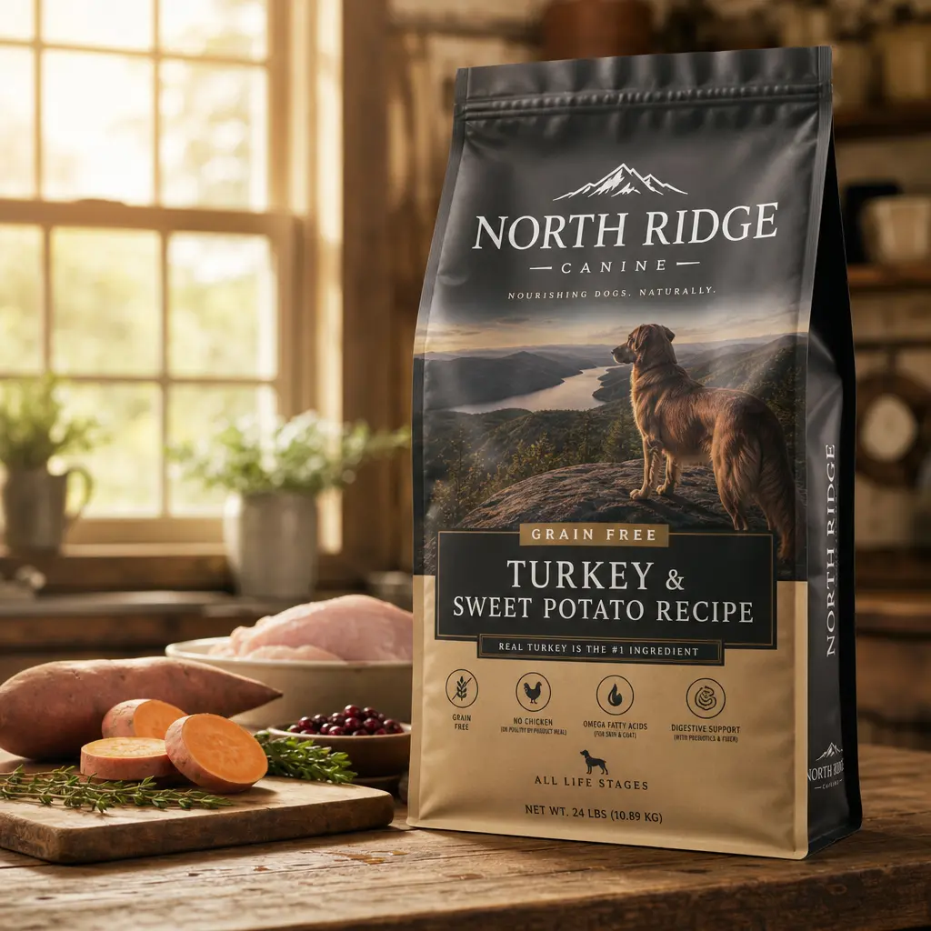Lifestyle scene of a premium grain-free pet food bag placed on a rustic wooden kitchen counter, warm afternoon sunlight