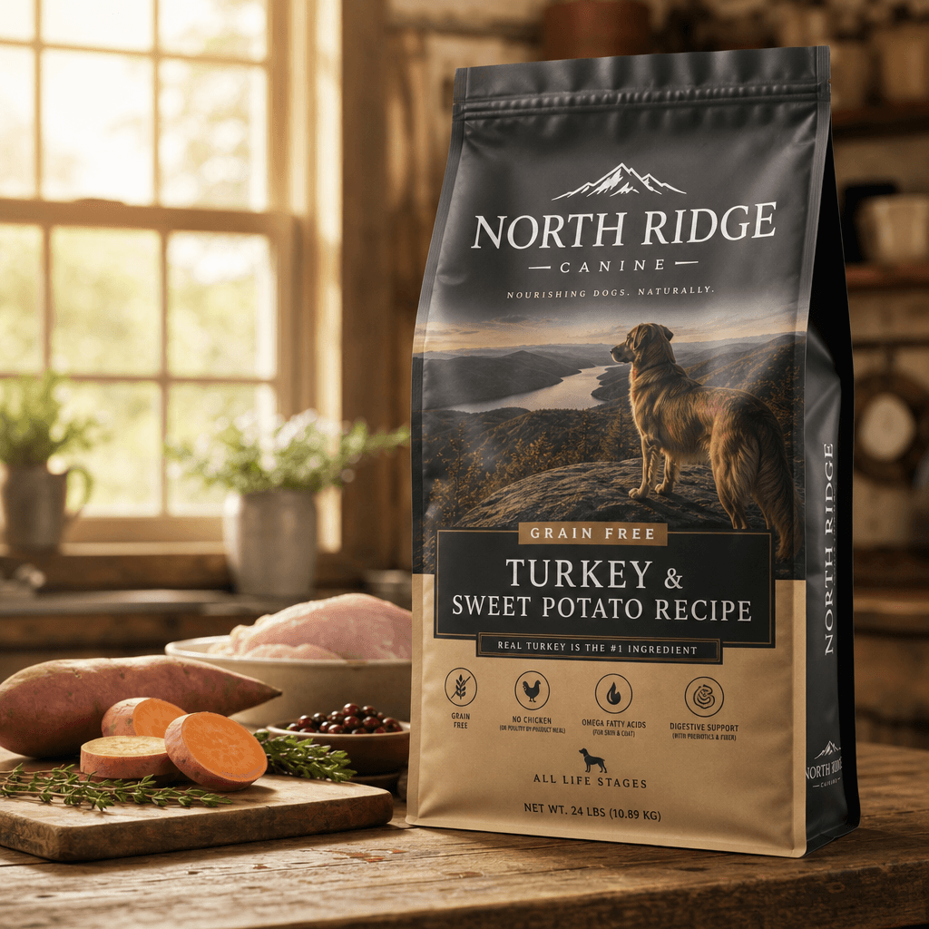 Lifestyle scene of a premium grain-free pet food bag placed on a rustic wooden kitchen counter, warm afternoon sunlight
