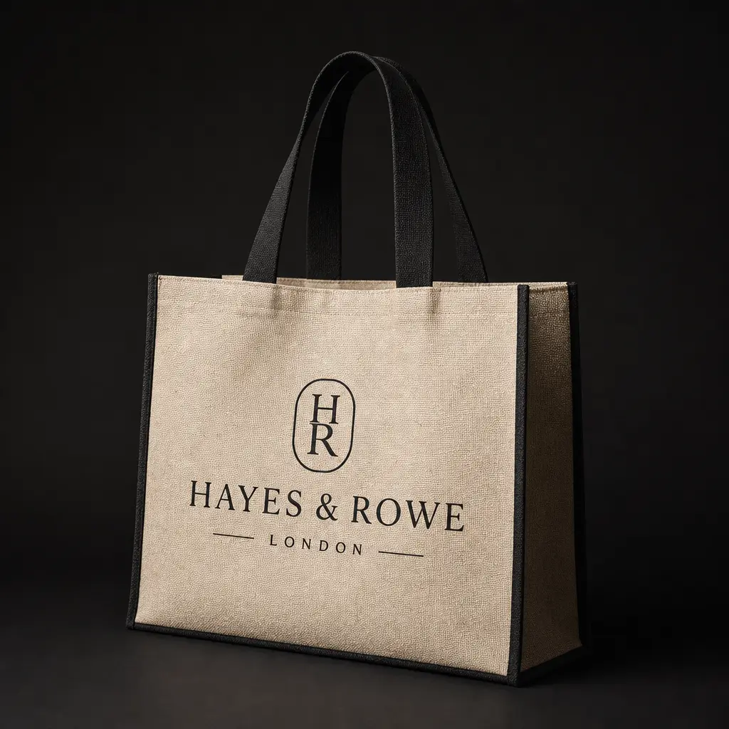 Branded fabric shopping tote displaying logo prominently, studio lighting, clean dark background, luxury retail styling,