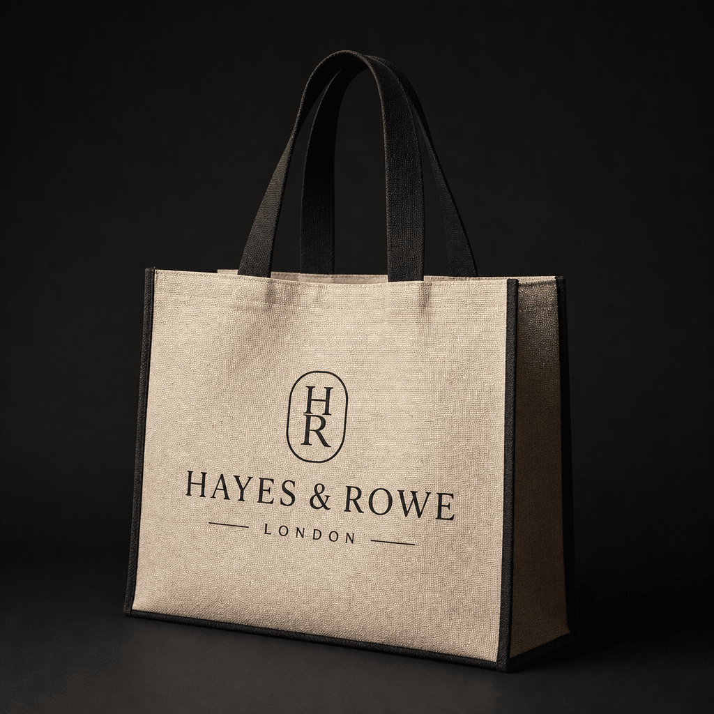 Branded fabric shopping tote displaying logo prominently, studio lighting, clean dark background, luxury retail styling,