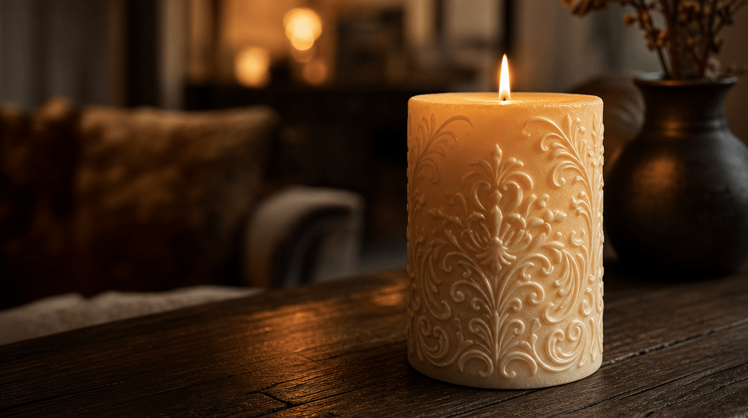 Cinematic close-up of a decorative pillar candle on a dark rustic oak surface, soft realistic shadow beneath the base, w