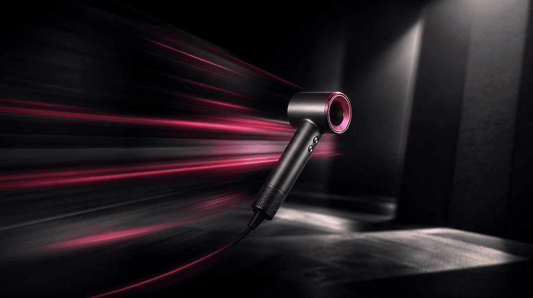 A consumer product moving rapidly through layers of shadow and directional light, leaving elegant motion trails that sug