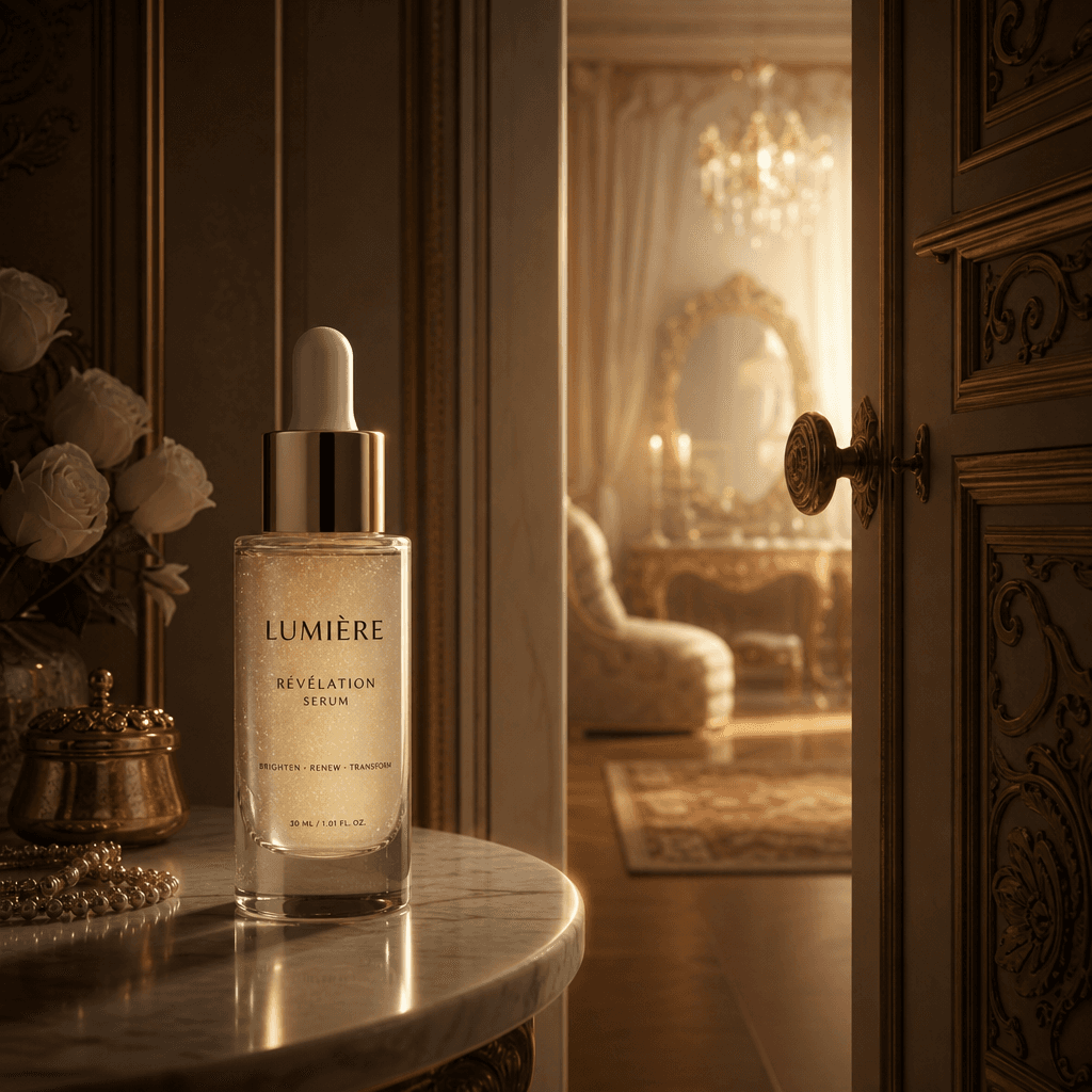 Skincare serum bottle with intimate secret room reveal, soft golden light filtering through ornate doorway, elegant furn
