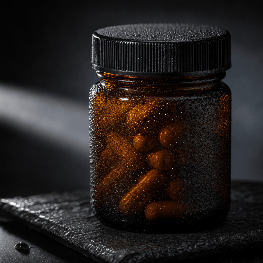 Dark amber glass jar of capsules on a slate surface, single sidelight beam cutting across the lid creating specular high