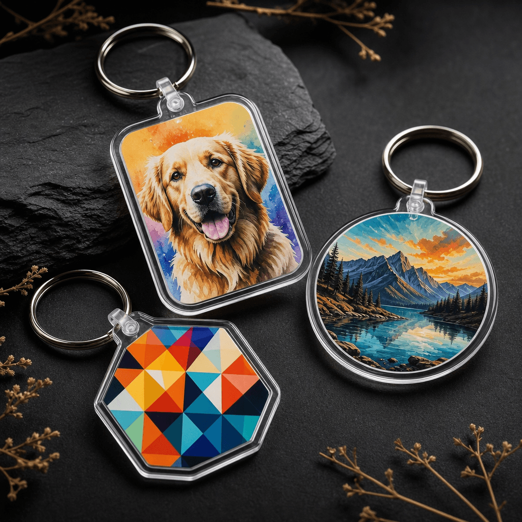 Finished custom plastic keychains featuring different AI-generated designs: one with a pet portrait, another with a land
