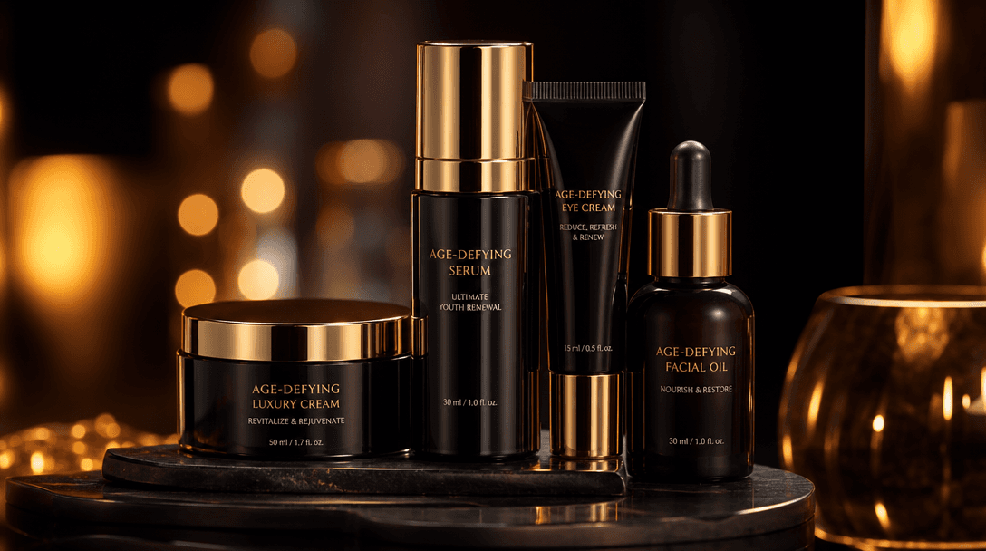 Professional studio lighting setup with beauty products glowing against dark elegant backdrop, cinematic depth of field,