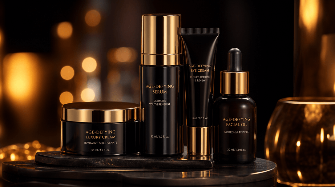 Professional studio lighting setup with beauty products glowing against dark elegant backdrop, cinematic depth of field,