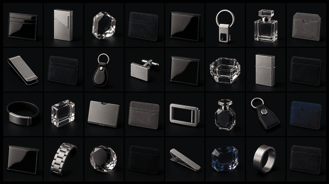 Wide editorial composition: an array of small accessory product images arranged in a precise geometric grid on a near-bl