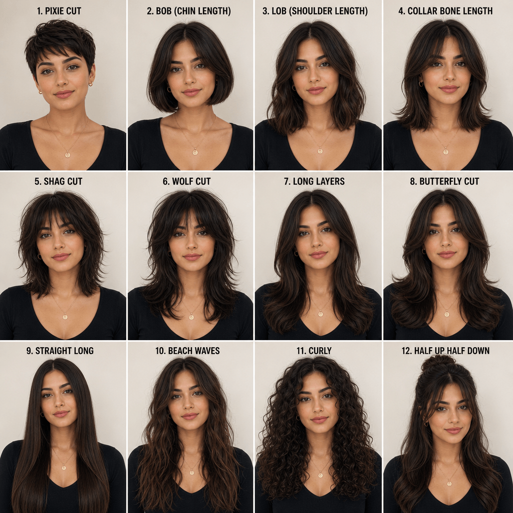 Multiple hairstyle variations of same person in grid layout, diverse cuts from short to long, comparison showcase.