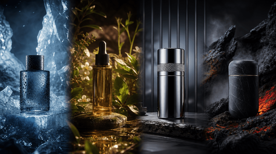 Four distinct product environments blending across one wide frame: icy freshness, sunlit botanicals, polished metal, and