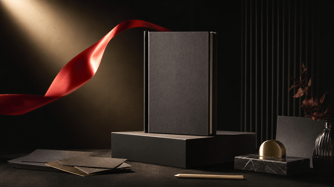 A premium book launch still life with a closed hardcover on a black plinth, red satin ribbon moving through a beam of wa