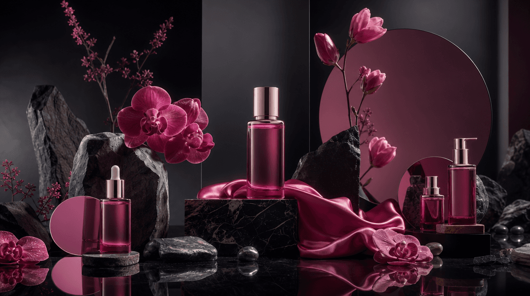 A coordinated arrangement of beauty campaign props extending across a wide studio set: cosmetic bottle, satin fabric, po