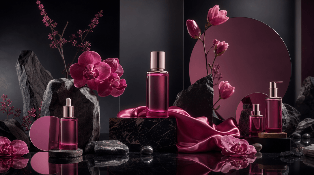 A coordinated arrangement of beauty campaign props extending across a wide studio set: cosmetic bottle, satin fabric, po