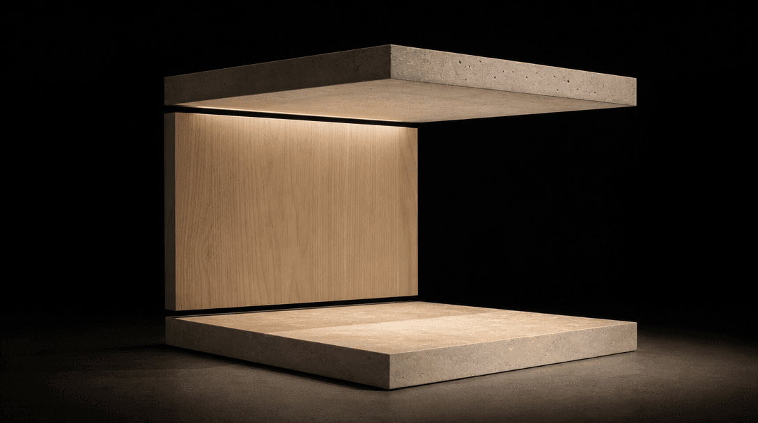 Minimal physical architectural model under precision studio lighting — individual wall plane, floor plane, and ceiling p