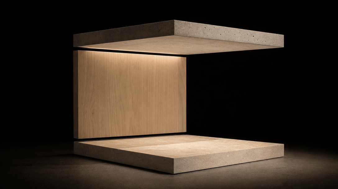 Minimal physical architectural model under precision studio lighting — individual wall plane, floor plane, and ceiling p
