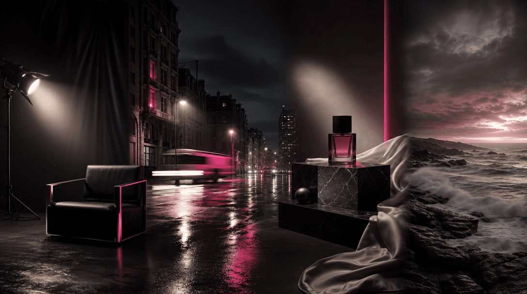Four connected cinematic environments blending across one wide composition: a black studio, an urban night street, a lux