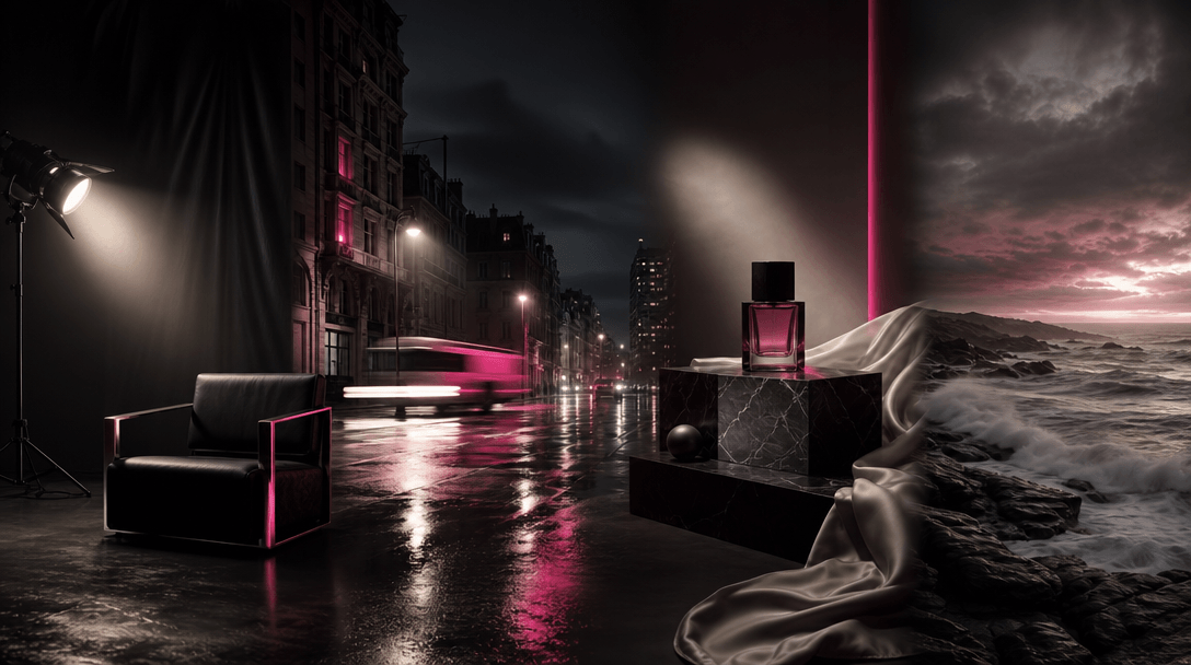 Four connected cinematic environments blending across one wide composition: a black studio, an urban night street, a lux