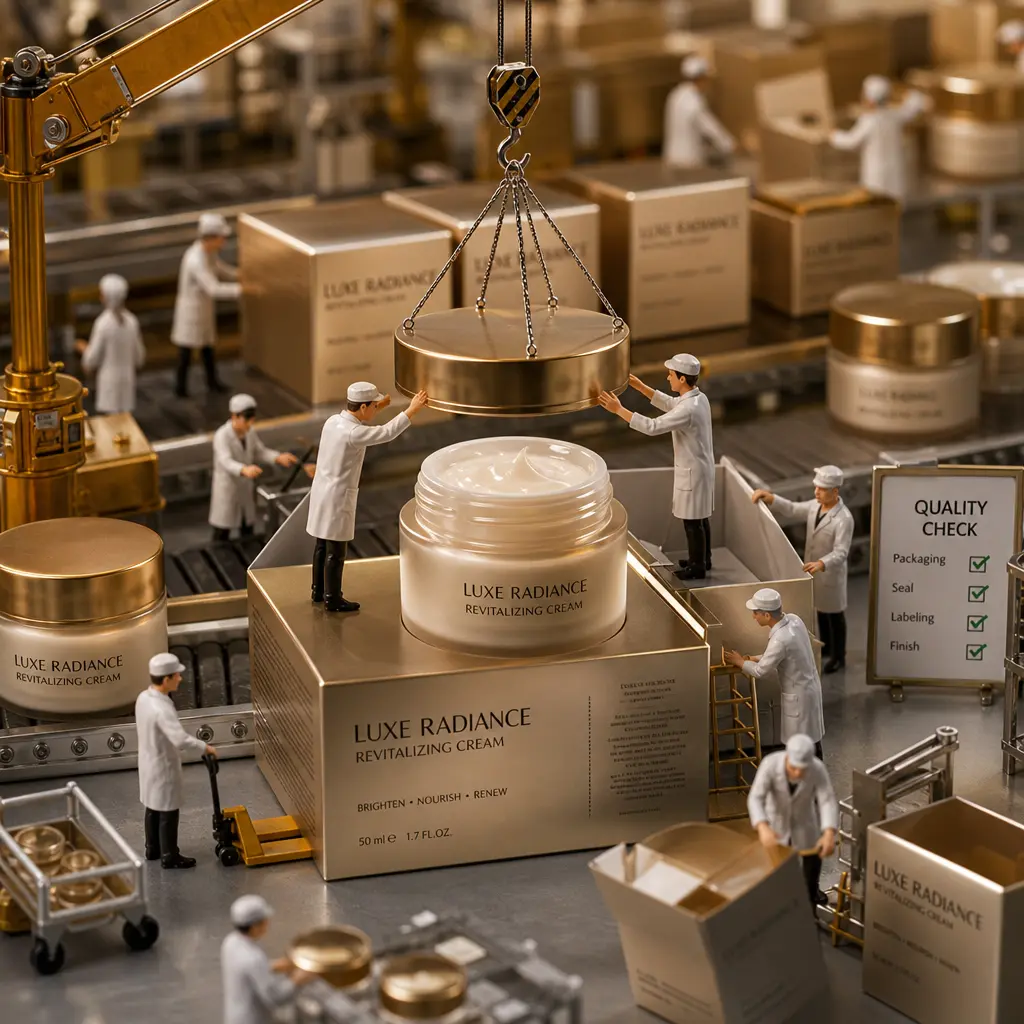 Small figures working on cosmetic packaging assembly, team coordination, professional warm lighting, intricate detail ma