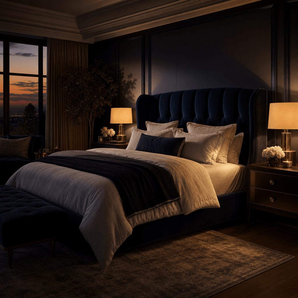 A luxurious master bedroom at dusk, warm lamp glow falling across a deep-navy velvet headboard and layered cream bed lin
