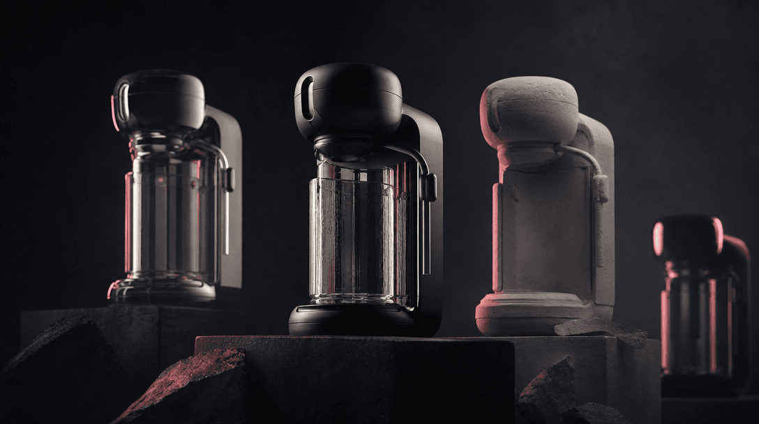 A product silhouette interpreted through several overlapping photographic treatments: hyperreal glass, soft film grain,