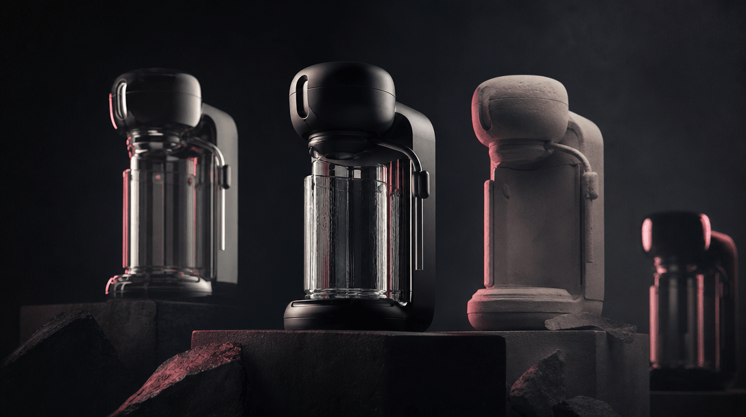 A product silhouette interpreted through several overlapping photographic treatments: hyperreal glass, soft film grain,