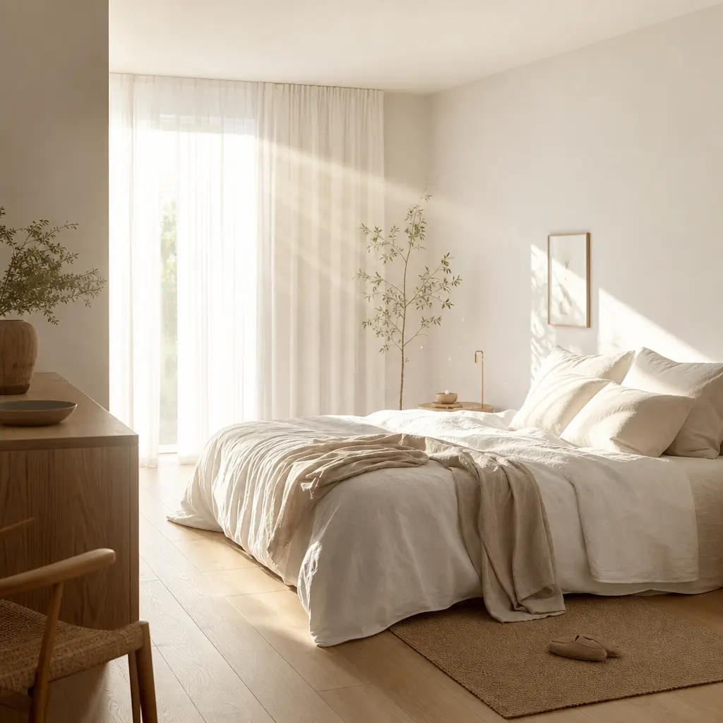 A minimalist Scandinavian bedroom bathed in soft morning sunlight, sheer white curtains glowing from backlight, warm sun
