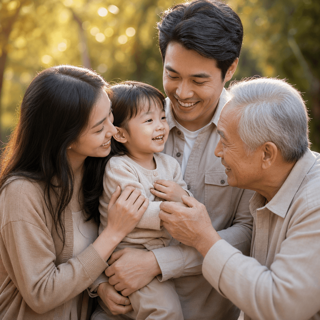Multi-generational family moment, parents with child together, warm natural lighting, emotional connection, professional