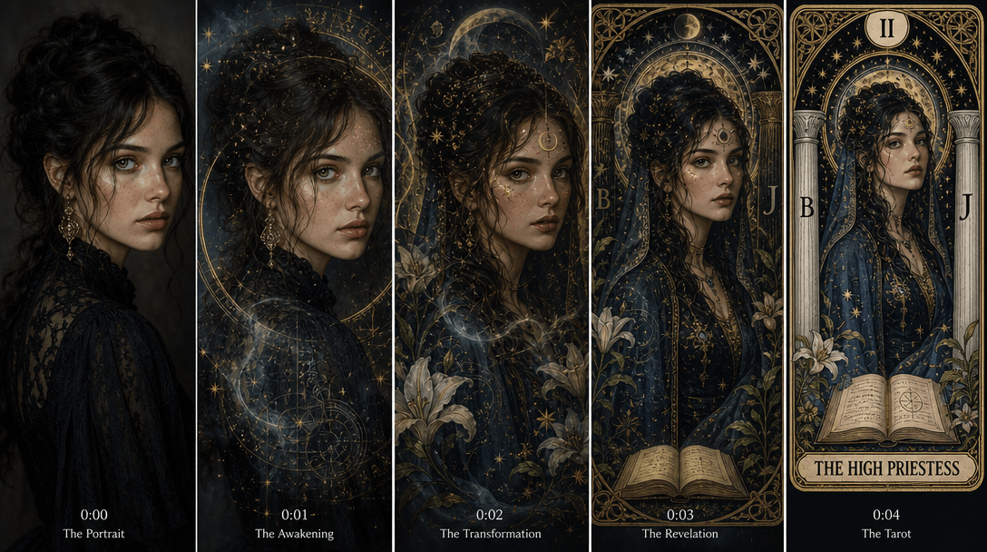 Portrait gradually transforming into tarot card with ornate border materializing, mystical elements and symbolic imagery
