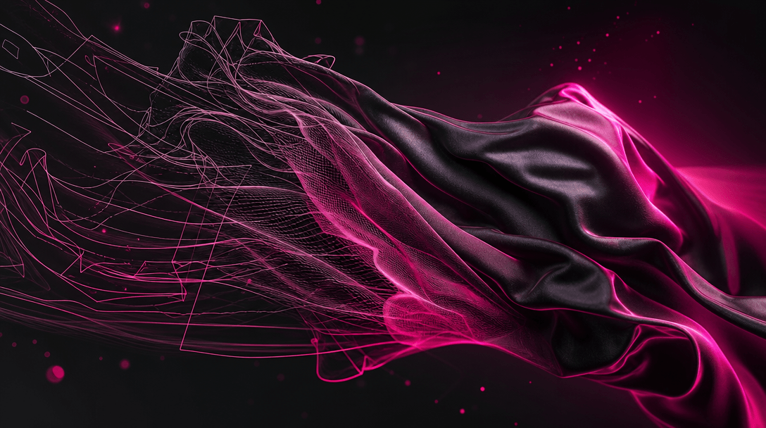 Rapid digital transformation sequence: sketch lines morphing into photorealistic fabric textures. Hot pink accent lights
