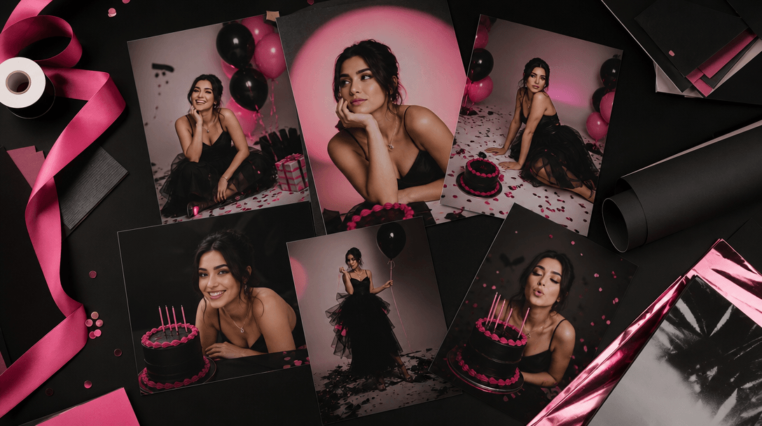 A collection of polished birthday portrait prints arranged as a campaign moodboard on a dark matte surface, surrounded b
