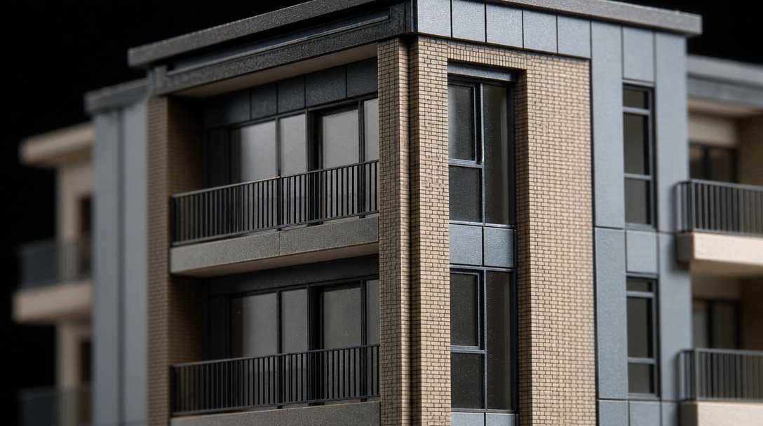 Extreme macro close-up of an architectural scale model revealing precisely rendered facade details — hairline brick cour