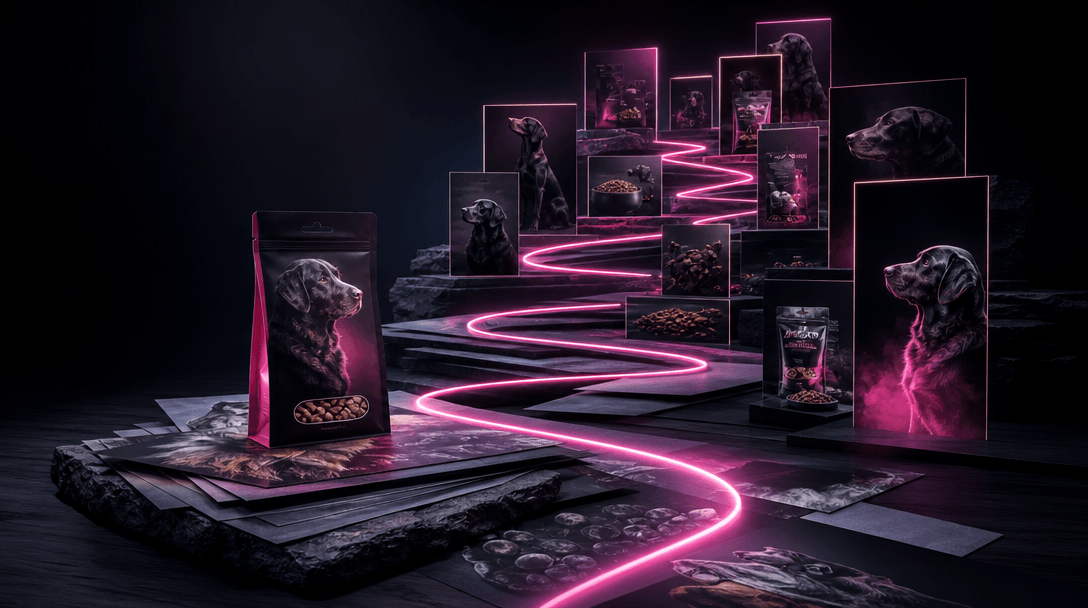 A single packaged pet product resting at the beginning of a path made from layered photographic paper, dark stone, and i