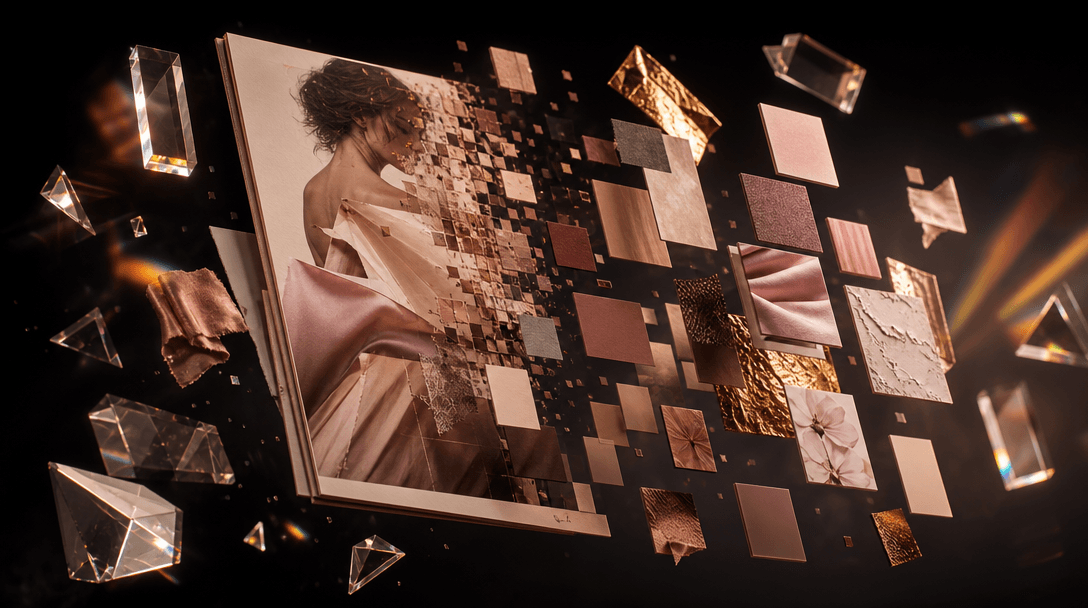 Abstract representation of brand identity extraction — a luxury brand editorial page partially deconstructed into floati