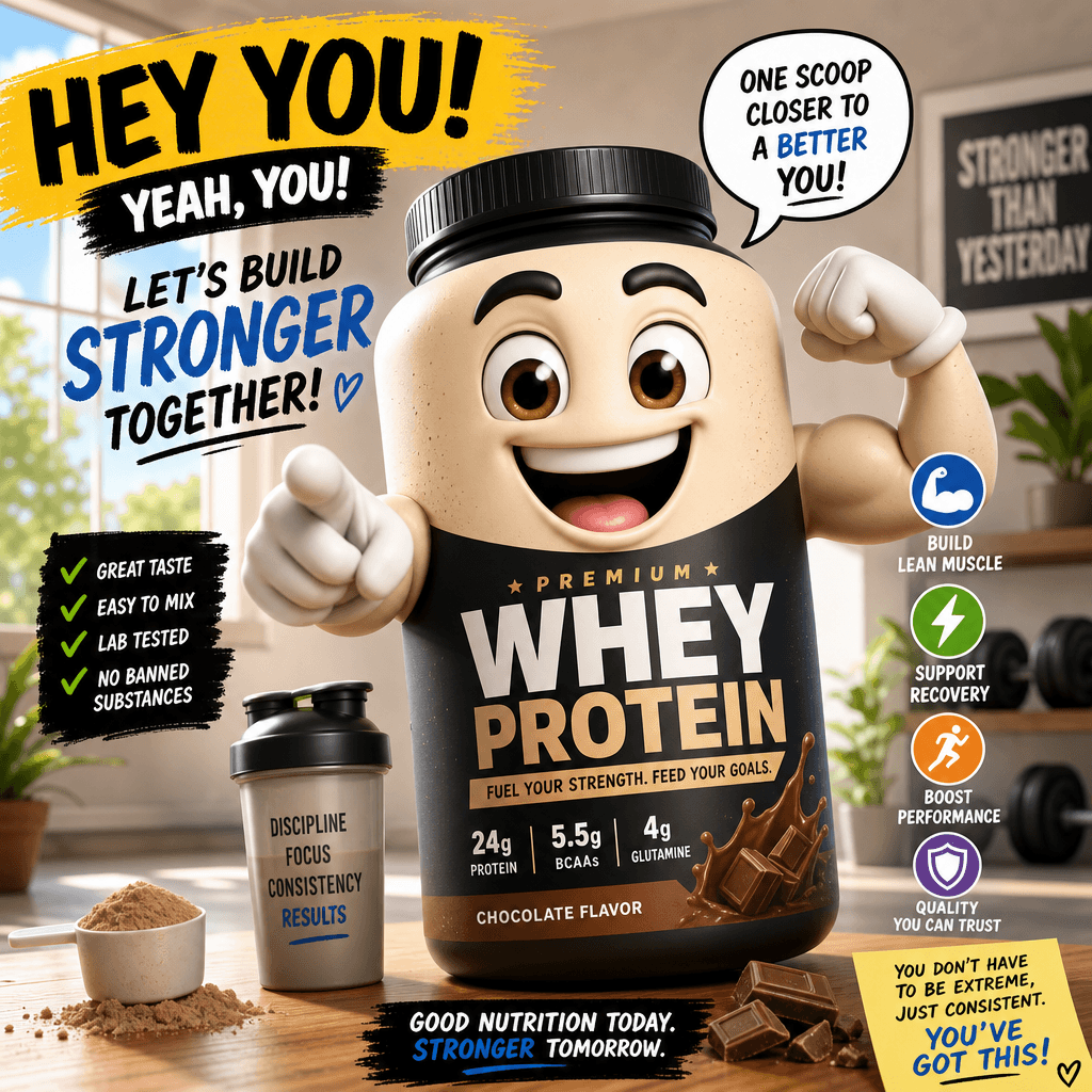 A vibrant animated character representing a protein powder, speaking directly to the audience, with dynamic expressions