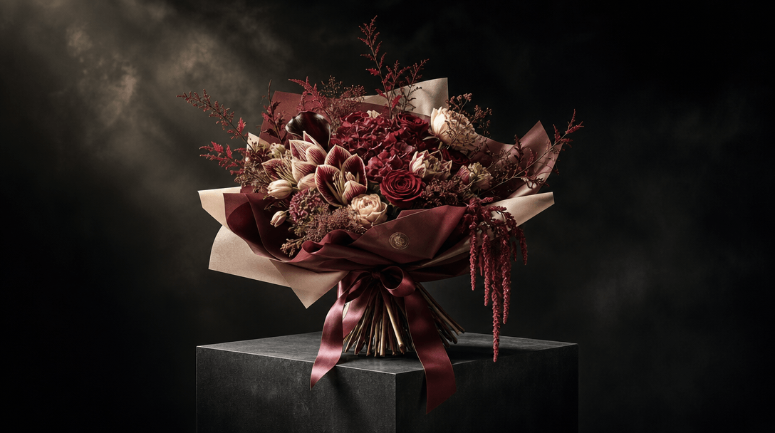 Wide cinematic still life of a single elaborate bouquet emerging from darkness on a matte charcoal pedestal, directional