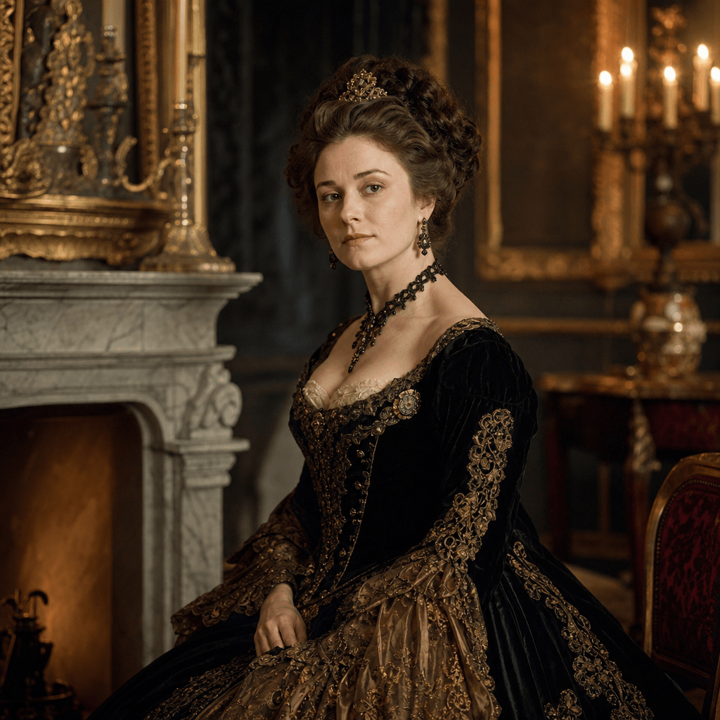 Victorian-era formal portrait, elaborate historical clothing and hairstyle, ornate period interior setting, soft golden