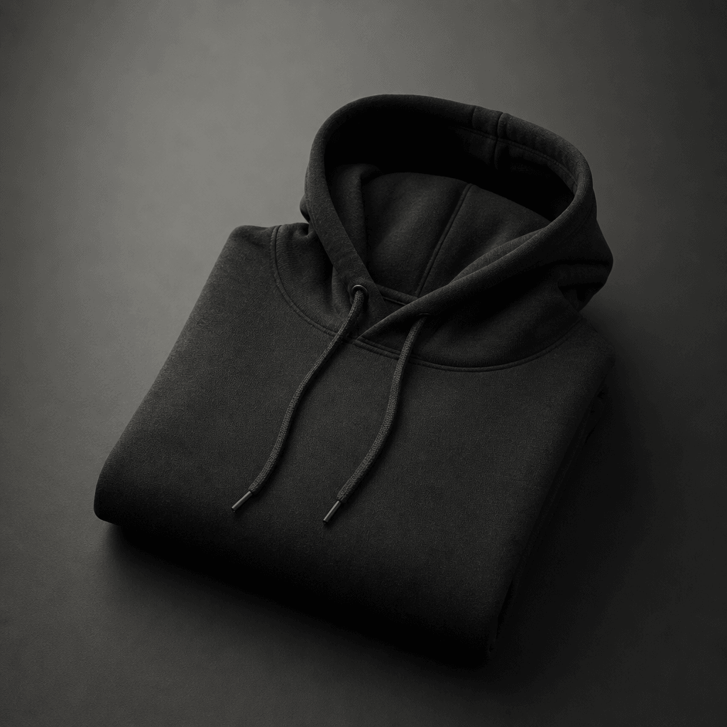 A minimalist streetwear hoodie folded on a near-black matte surface, subtle gradient light descending from above, fine f