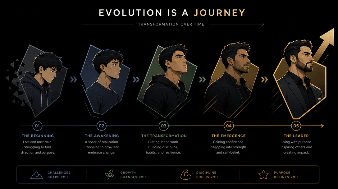 Sleek animated timeline progression showing character transformation with smooth geometric transitions, bold shapes and