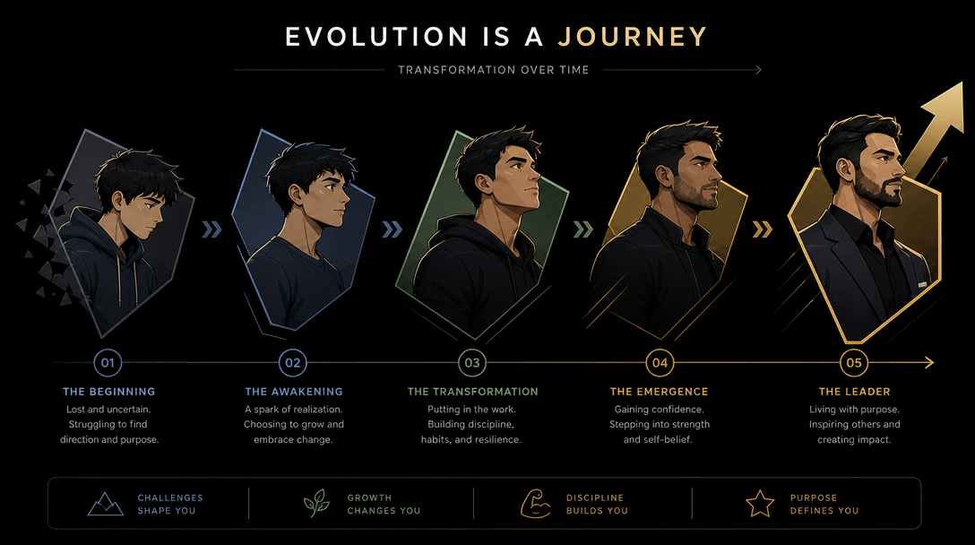 Sleek animated timeline progression showing character transformation with smooth geometric transitions, bold shapes and