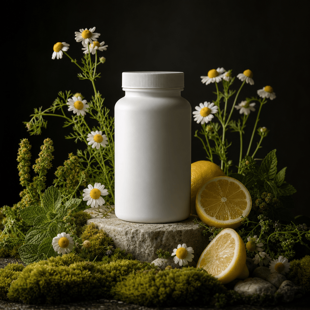 A matte white vitamin jar on a pale mineral pedestal encircled by chamomile flowers, delicate herbs, lemon slices, and s