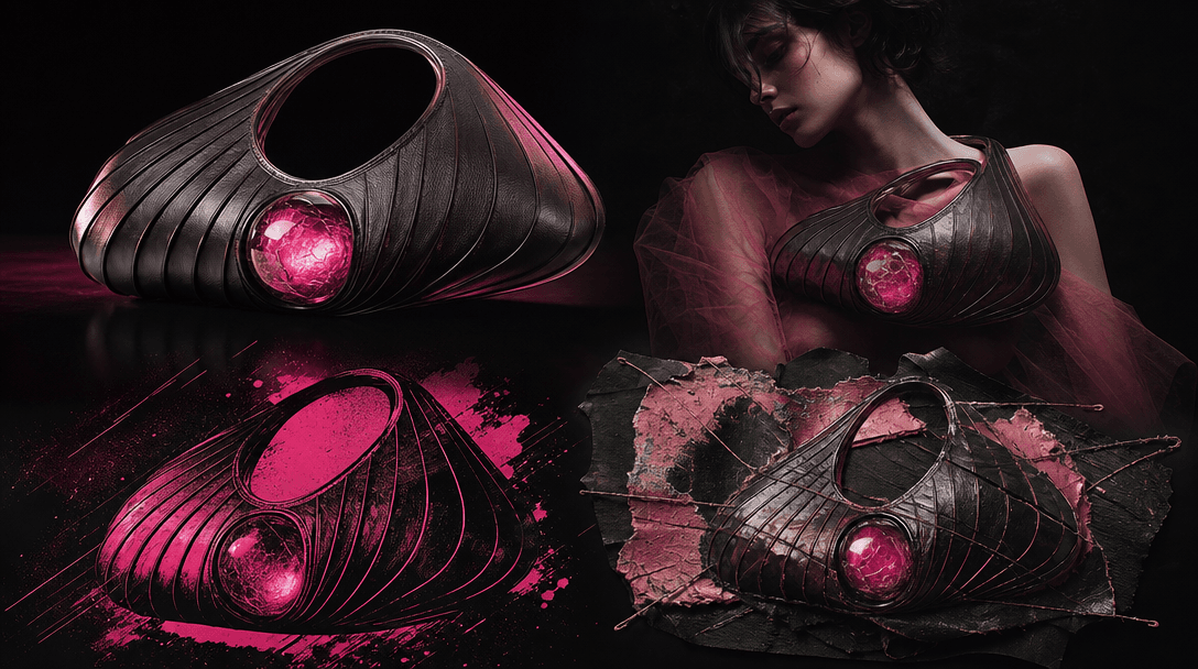 Four distinct visual interpretations of one sculptural fashion accessory arranged in a dark studio: photoreal product sh