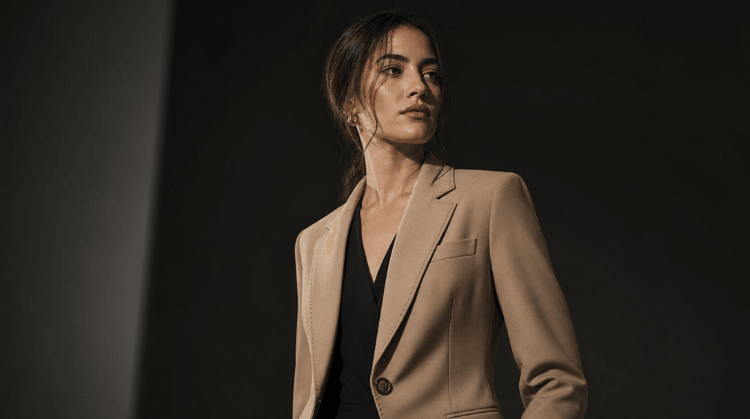 Professional film studio fashion photography setup. Soft key lighting illuminating model's outfit and fabric textures wi