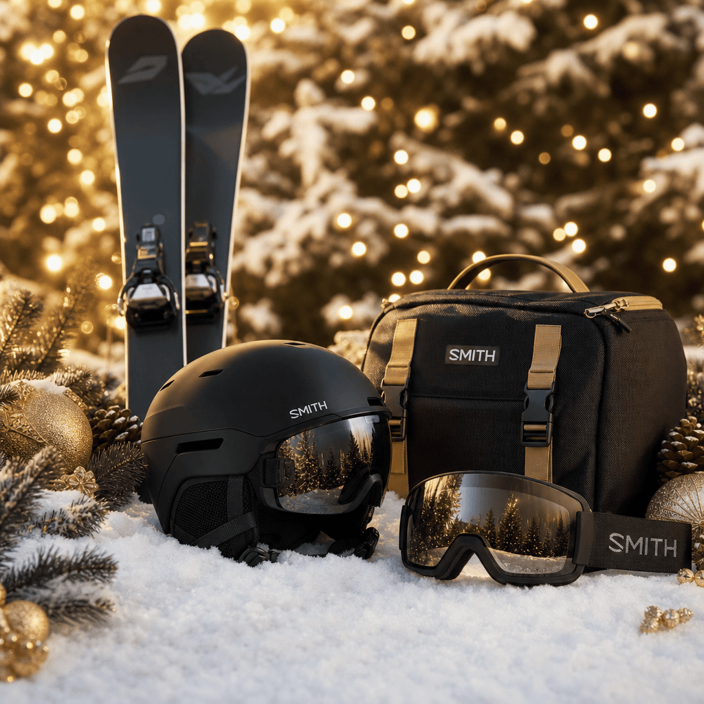 Winter seasonal product display. Sports equipment on snowy backdrop with evergreen branches and warm golden holiday ligh