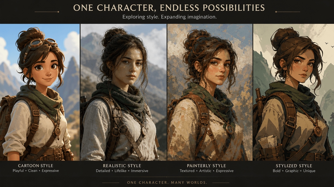 Multiple style variations of the same character displayed: cartoon style, realistic style, painterly style, stylized sty