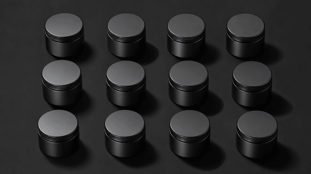Twelve identical small supplement containers arranged in a precise 4×3 grid on matte black surface, each lit from a slig